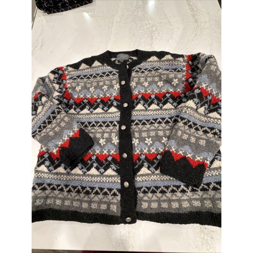 Gray 100% Wool Nordic Style Cardigan Size Large Cottagecore Cozy Boxy Sweater
